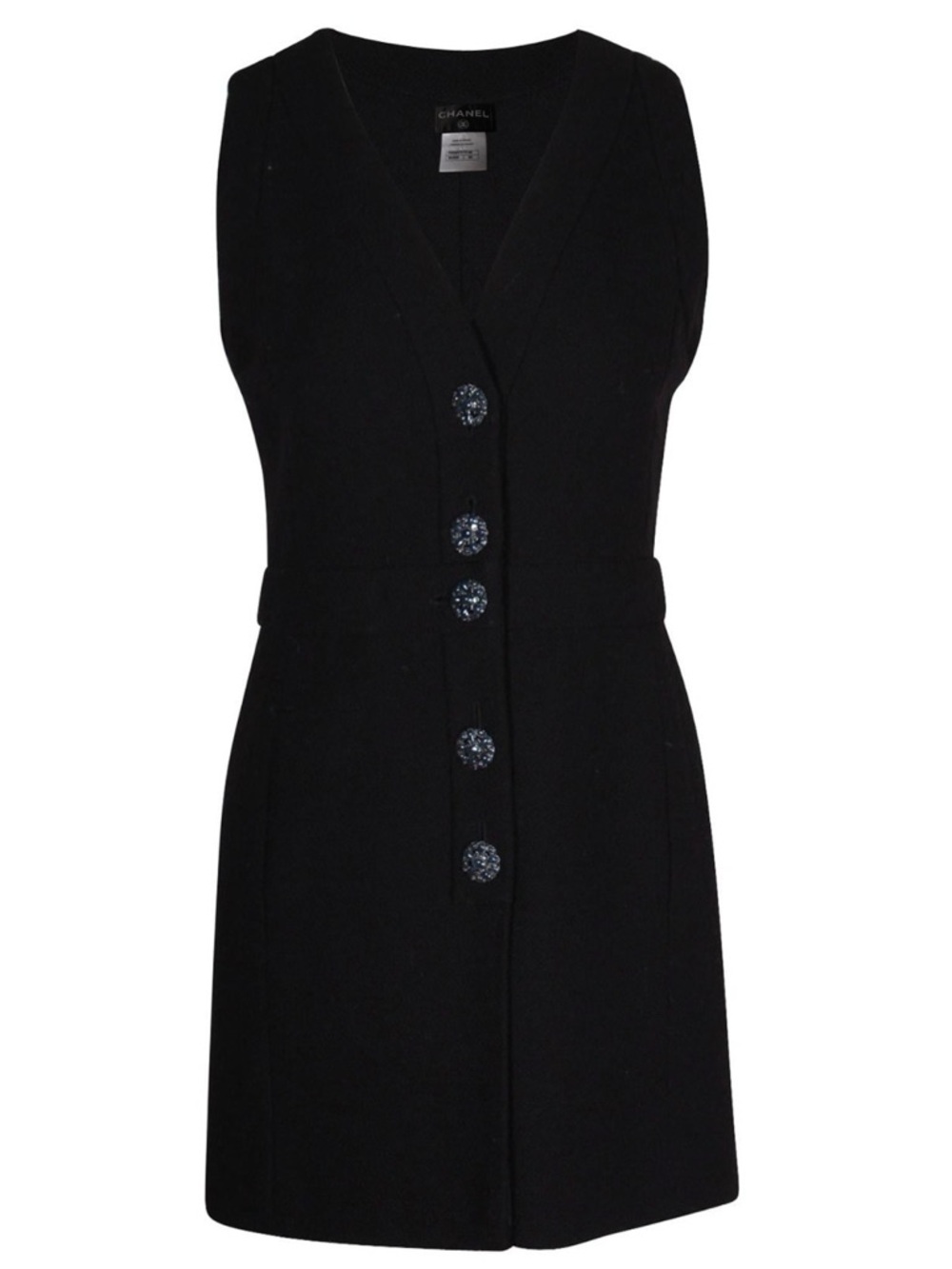 CHANEL Black Sleeveless V-Neck Button Mini Dress LIKE NEW